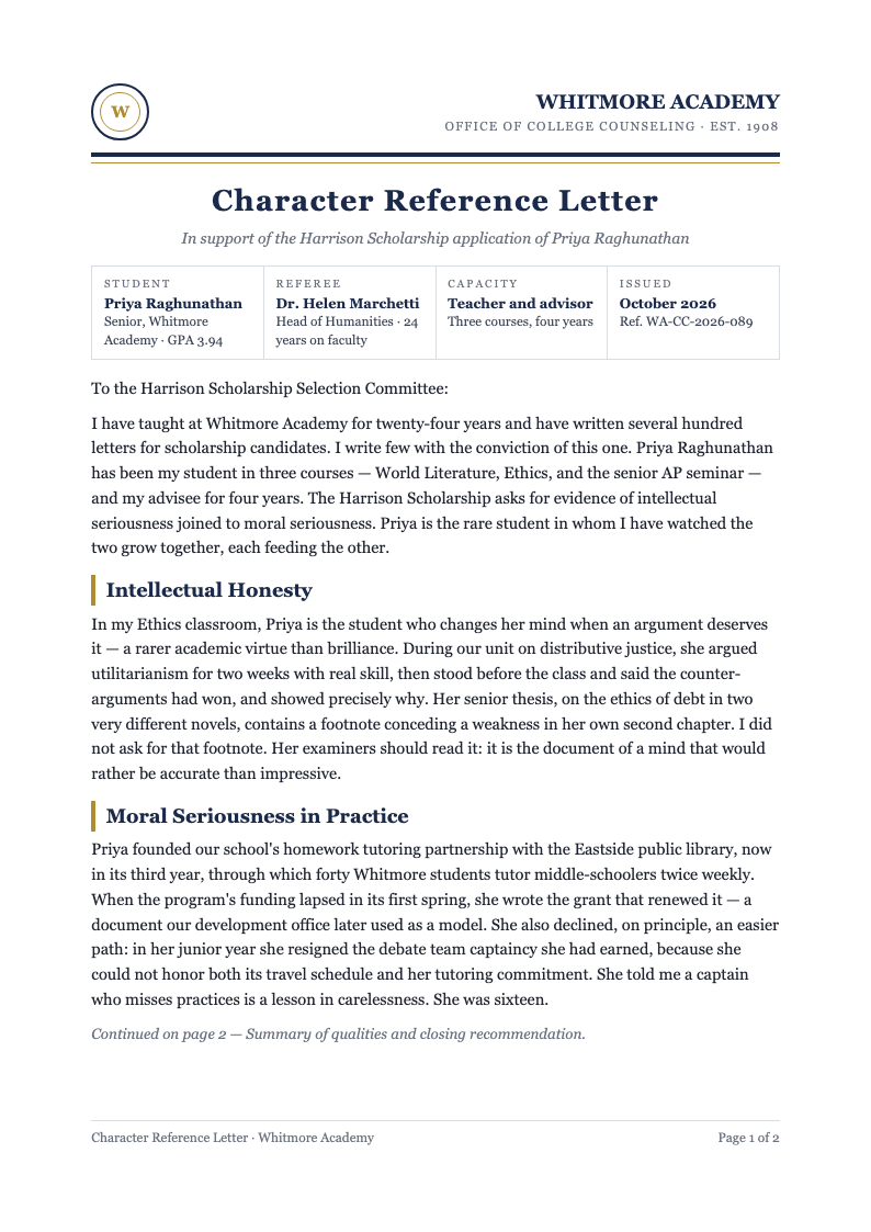 Collegiate navy academic character reference letter